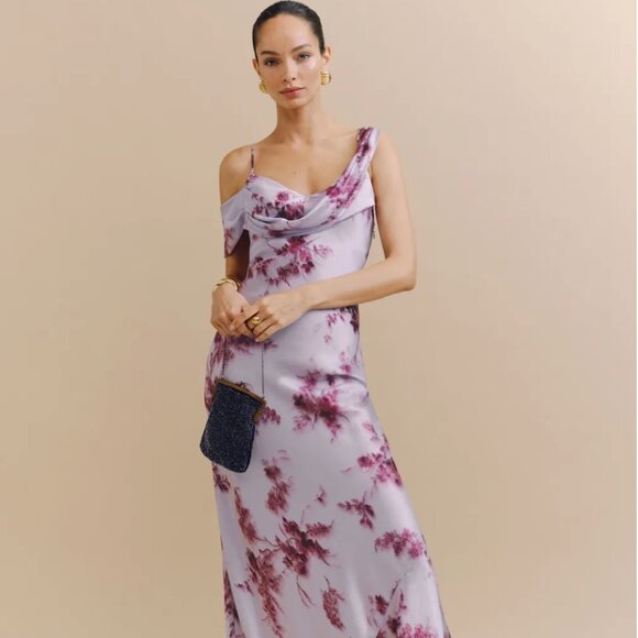 Reformation Ronda Asymmetric Cowl-Neck Silk Maxi Dress Purple | Size 0 - Picture 1 of 5